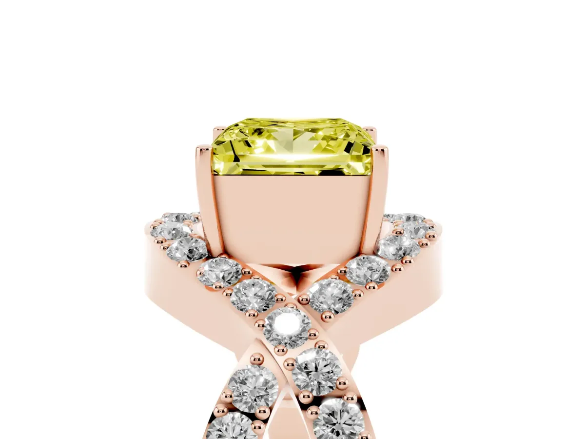 Fancy Yellow Princess Cut Solitaire Twist Band Pavé Diamond Engagement Ring Rose gold