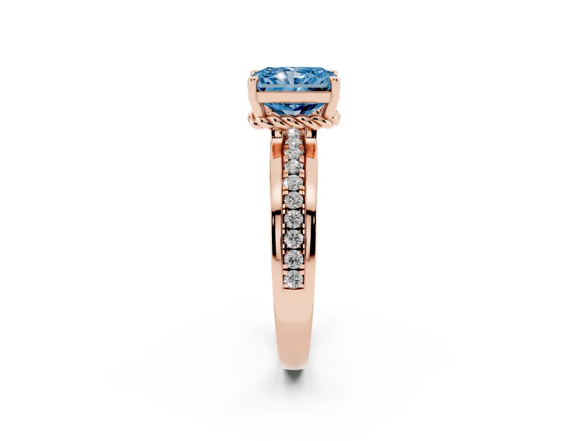 Fancy Blue Radiant Cut Solitaire Diamond Ring with Channel Set Band and Six-Prong Setting Rose gold