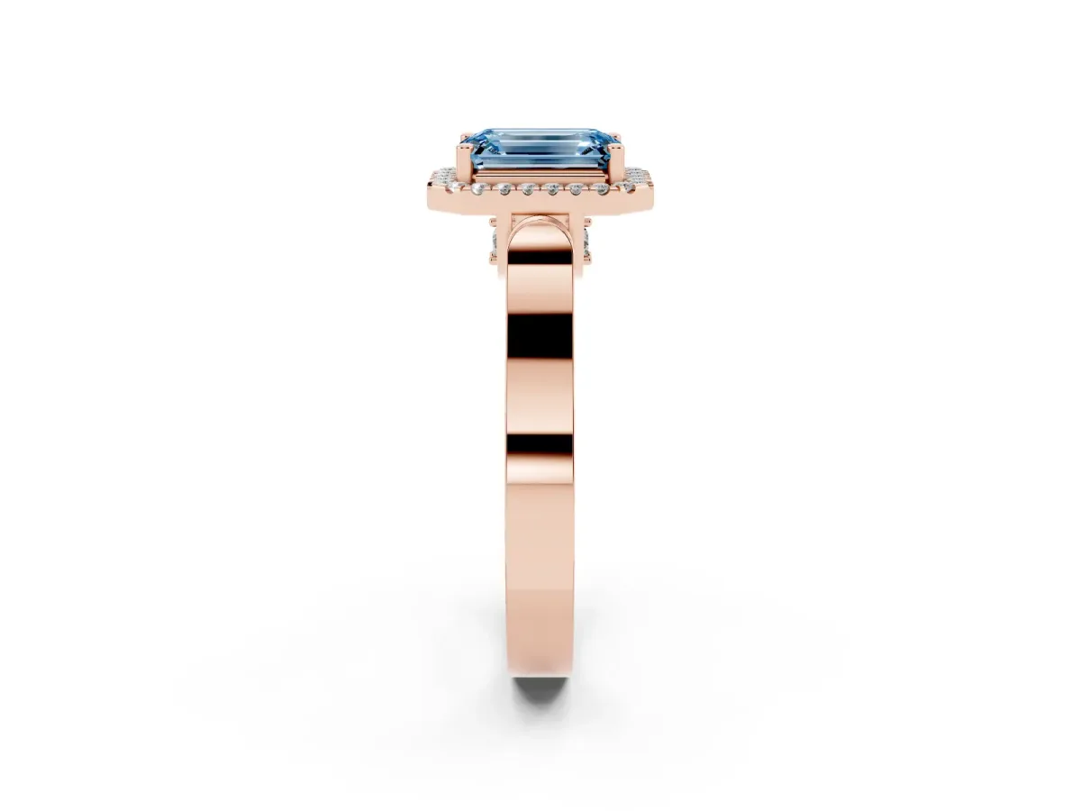 Fancy Blue Emerald Cut Halo Round Diamond Twist Band with Four-Prong Setting Rose gold