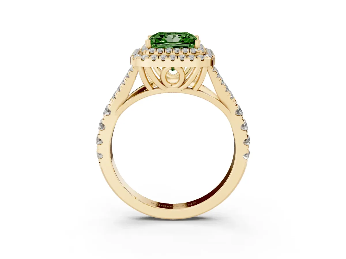 Fancy Green Princess Cut Diamond Pavé Split Shank Double Halo Engagement Ring Yellow gold