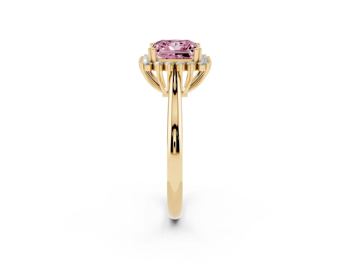Fancy Pink Princess Cut Cut Diamond Halo Ring with Solitaire Band and Prong Setting Yellow gold