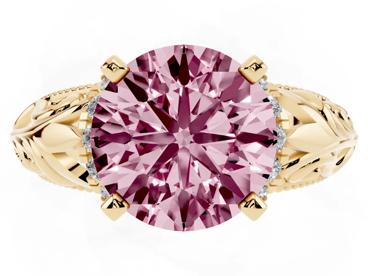 Fancy Pink Round Cut Solitaire Filigree Engagement Ring with Halo and Prong Setting Yellow gold