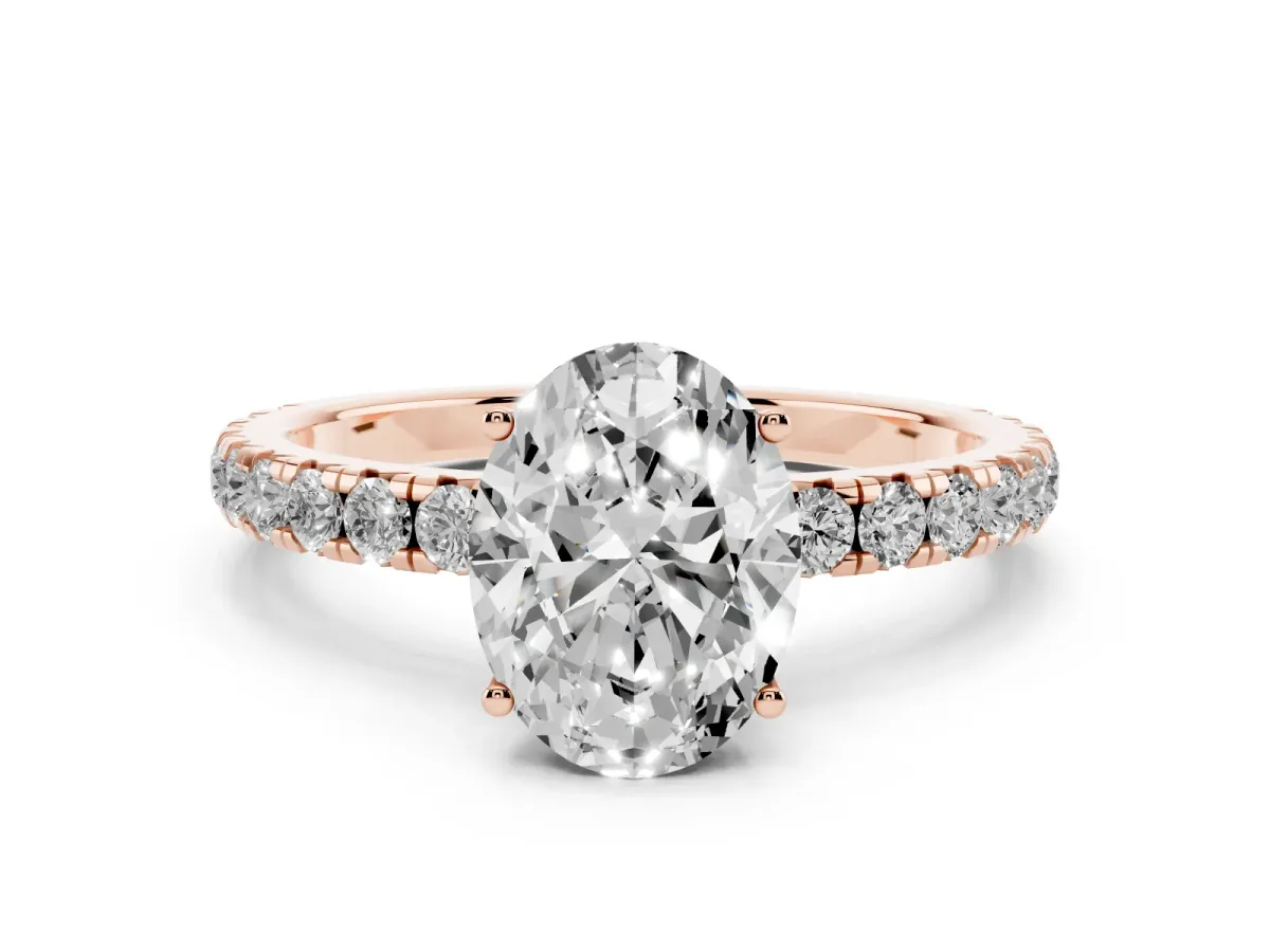 Oval Cut Diamond Pavé Solitaire Engagement Ring with Four-Prong Setting Rose gold