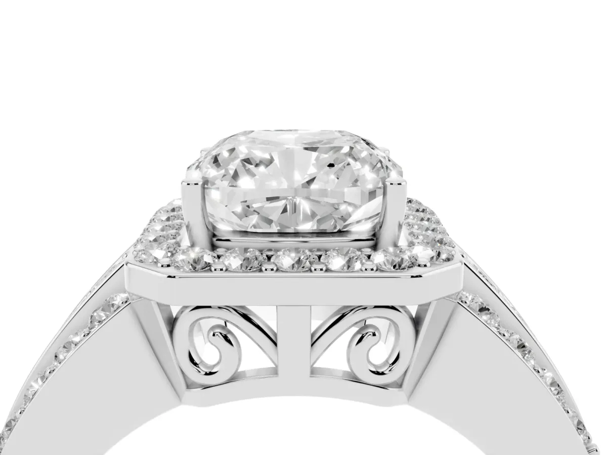 0.5 Carat Cushion Cut Halo Ring with Round Split Shank and Prong Setting White gold