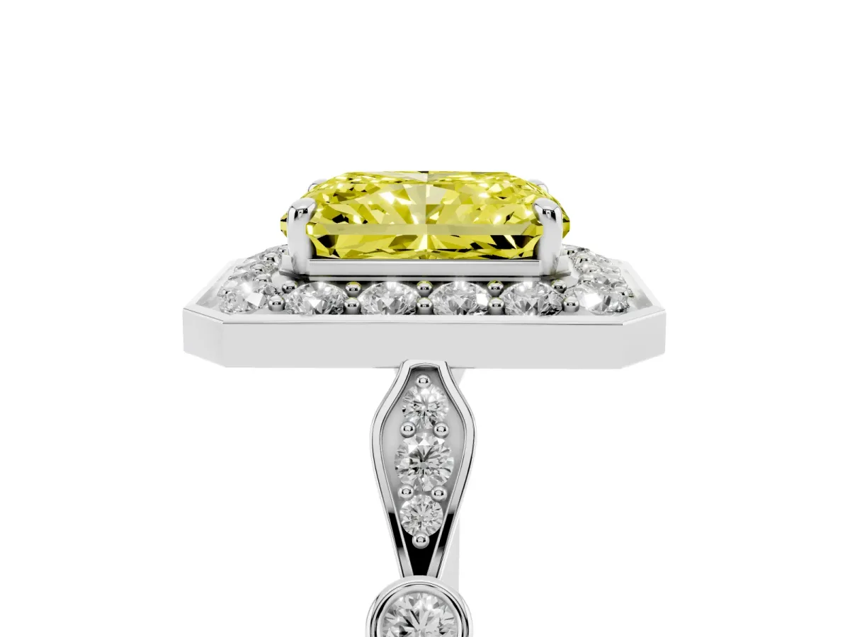Fancy Yellow Radiant Cut Halo Diamond Engagement Ring with Twisted Band and Four-Prong Setting White gold