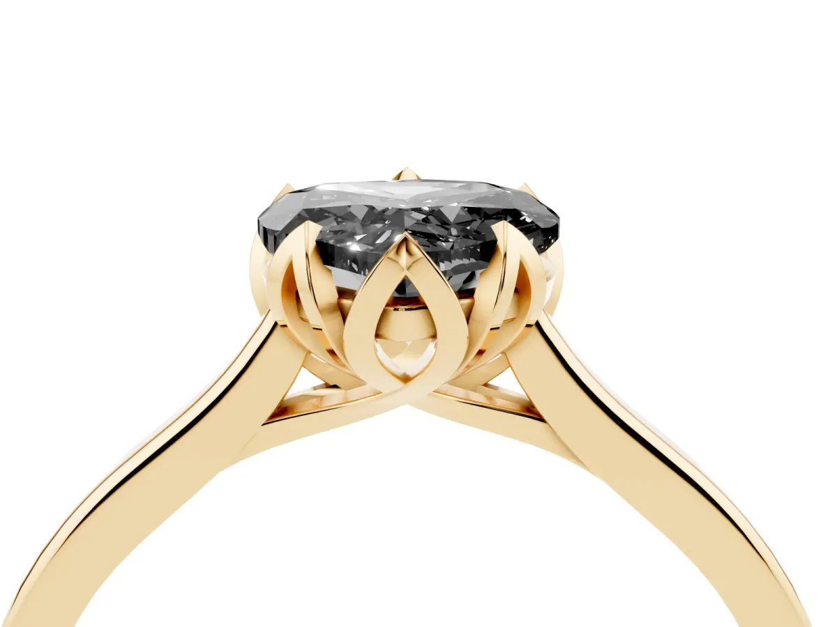 Fancy Black Heart Cut Diamond Solitaire Ring with Flower Prong Setting and Classic Band Yellow gold