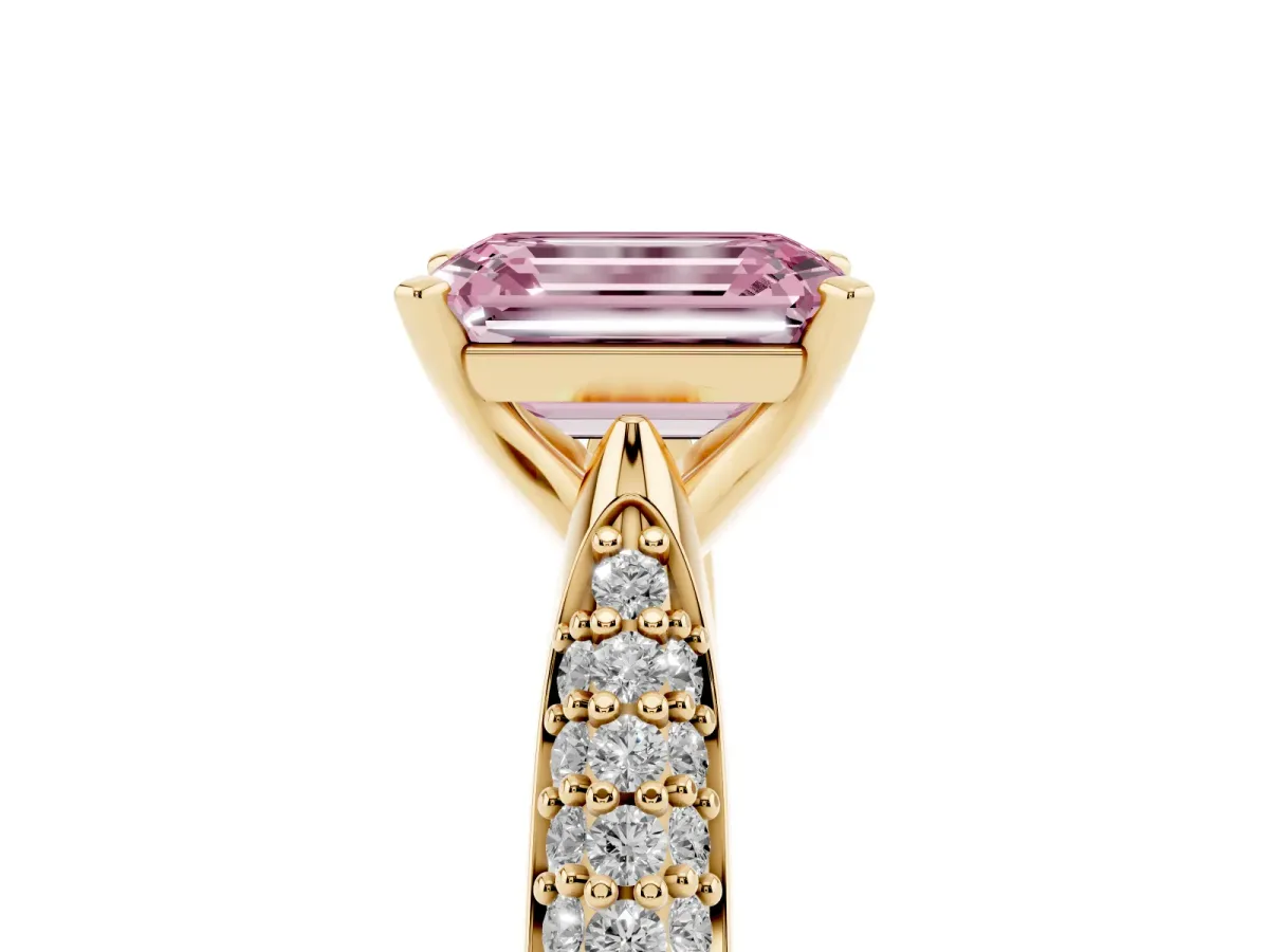 Fancy Pink Emerald Cut Diamond Solitaire Engagement Ring with Multi-Row Round Pavé Band and Prong Setting Yellow gold