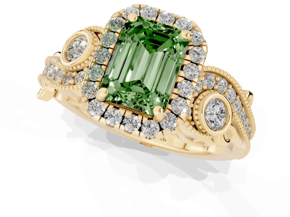 Fancy Green Emerald Cut Halo Diamond Ring with Milgrain and Bezel Accents on a Split Shank Band Yellow gold
