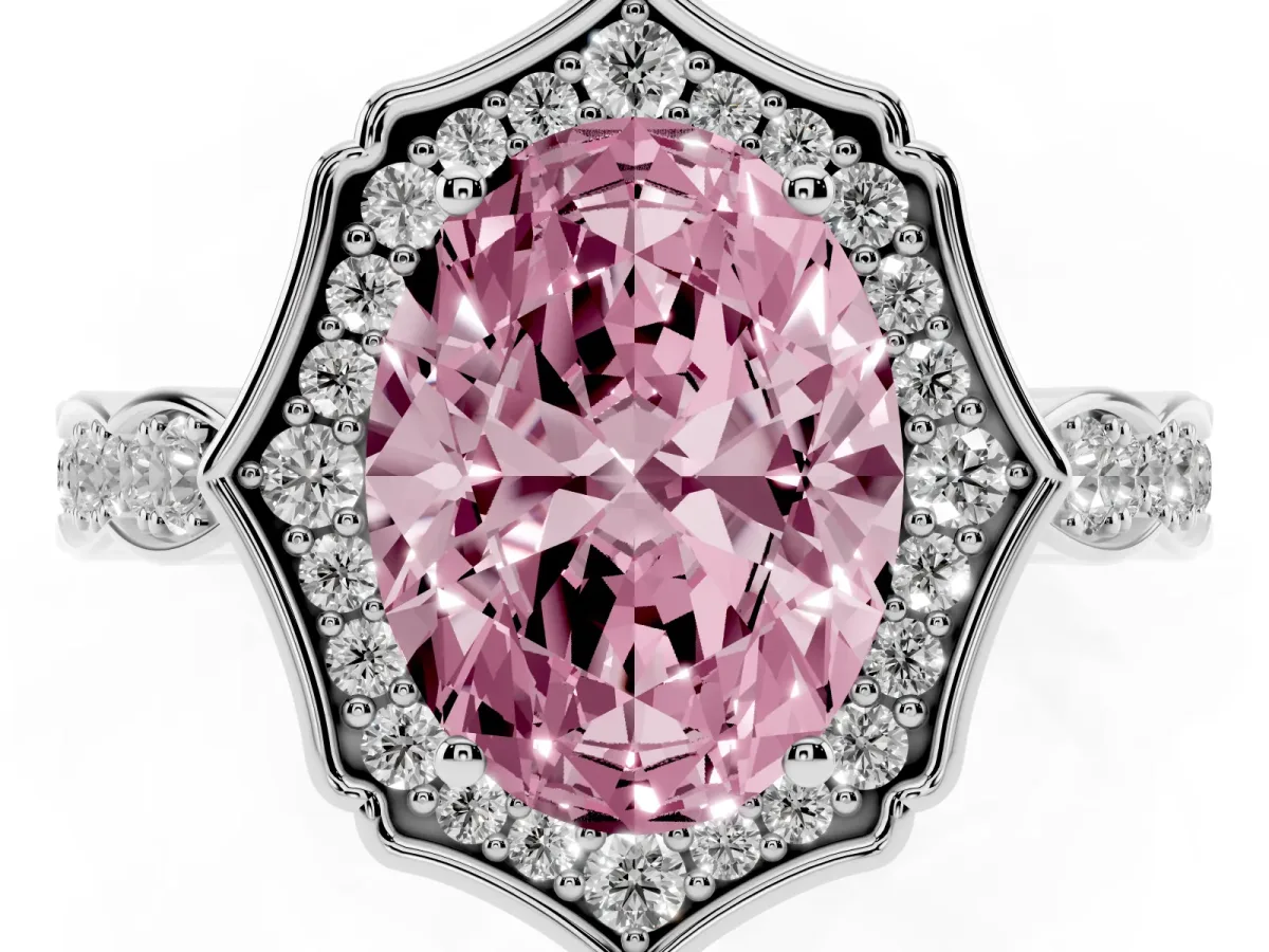 Fancy Pink Oval Cut Halo Diamond Engagement Ring with Milgrain Band and Four-Prong Setting Platinum