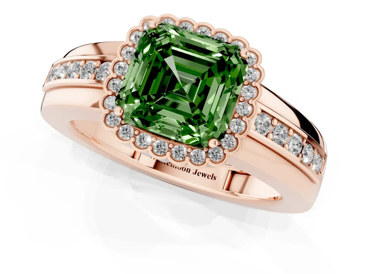Fancy Green Asscher Cut Cut Halo Pave Band Four-Prong Ring Rose gold
