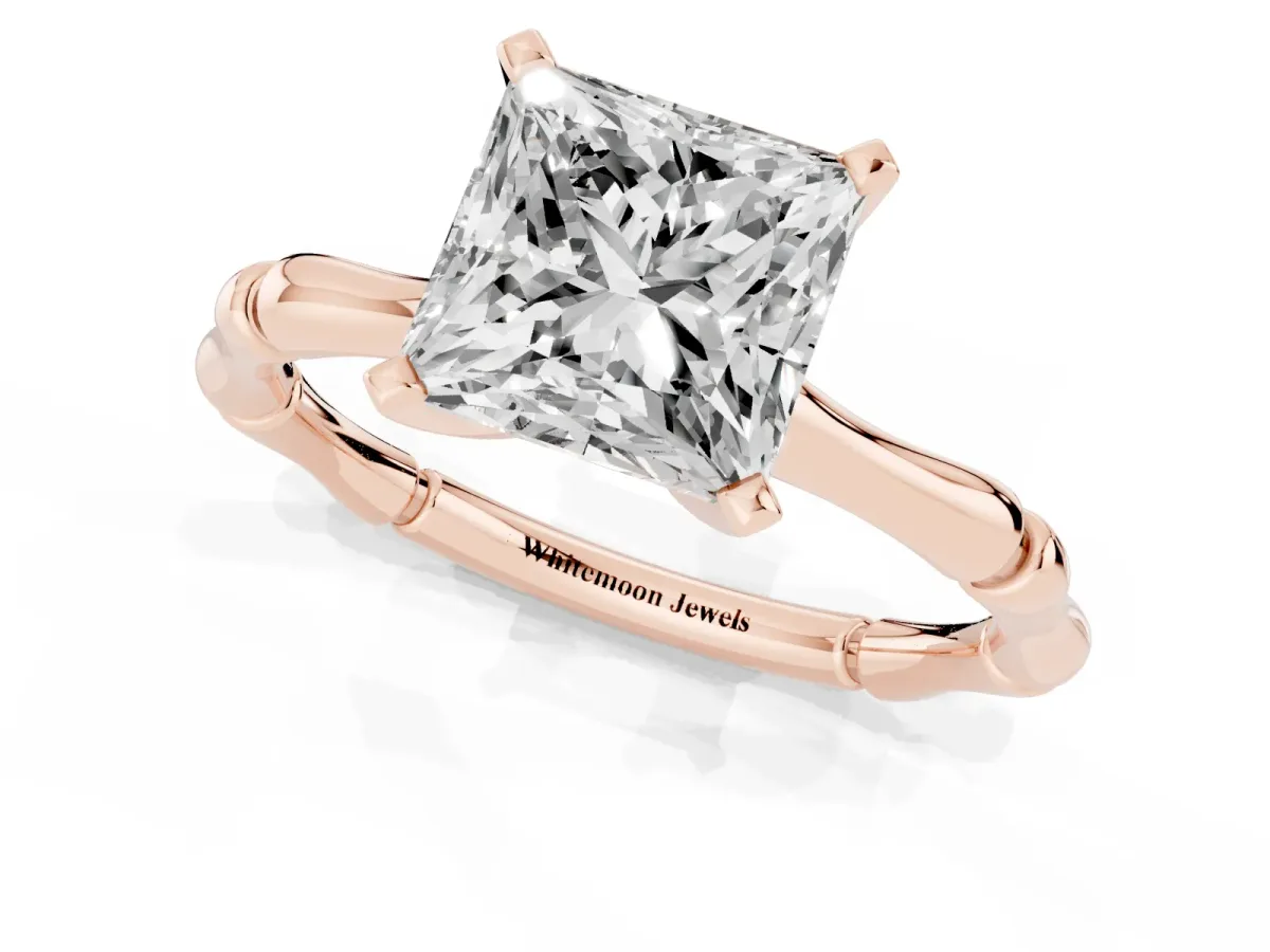 Princess Cut Solitaire Diamond Ring with Bamboo Band and Four-Prong Setting Rose gold