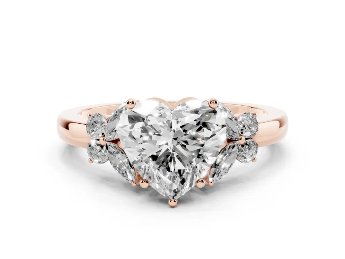 Heart Cut Cut Solitaire Floral Diamond Ring with Four-Prong Setting Rose gold
