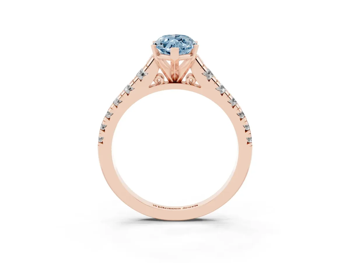 Fancy Blue Marquise Cut Diamond Cathedral Solitaire Ring with Round Pavé Band Rose gold
