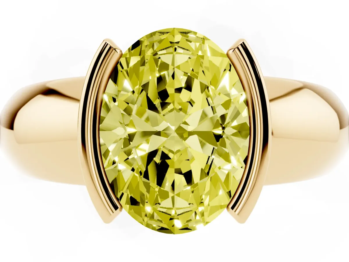 Fancy Yellow Oval Cut Solitaire Tension Set Diamond Ring with Wide Band Yellow gold