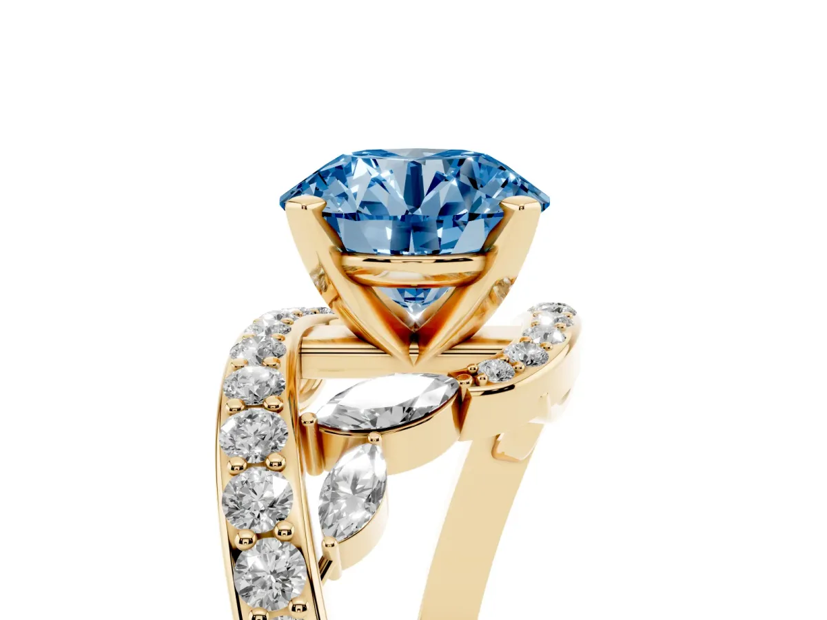 Fancy Blue Round Cut Solitaire with Pavé Twist Band and Four-Prong Setting Yellow gold