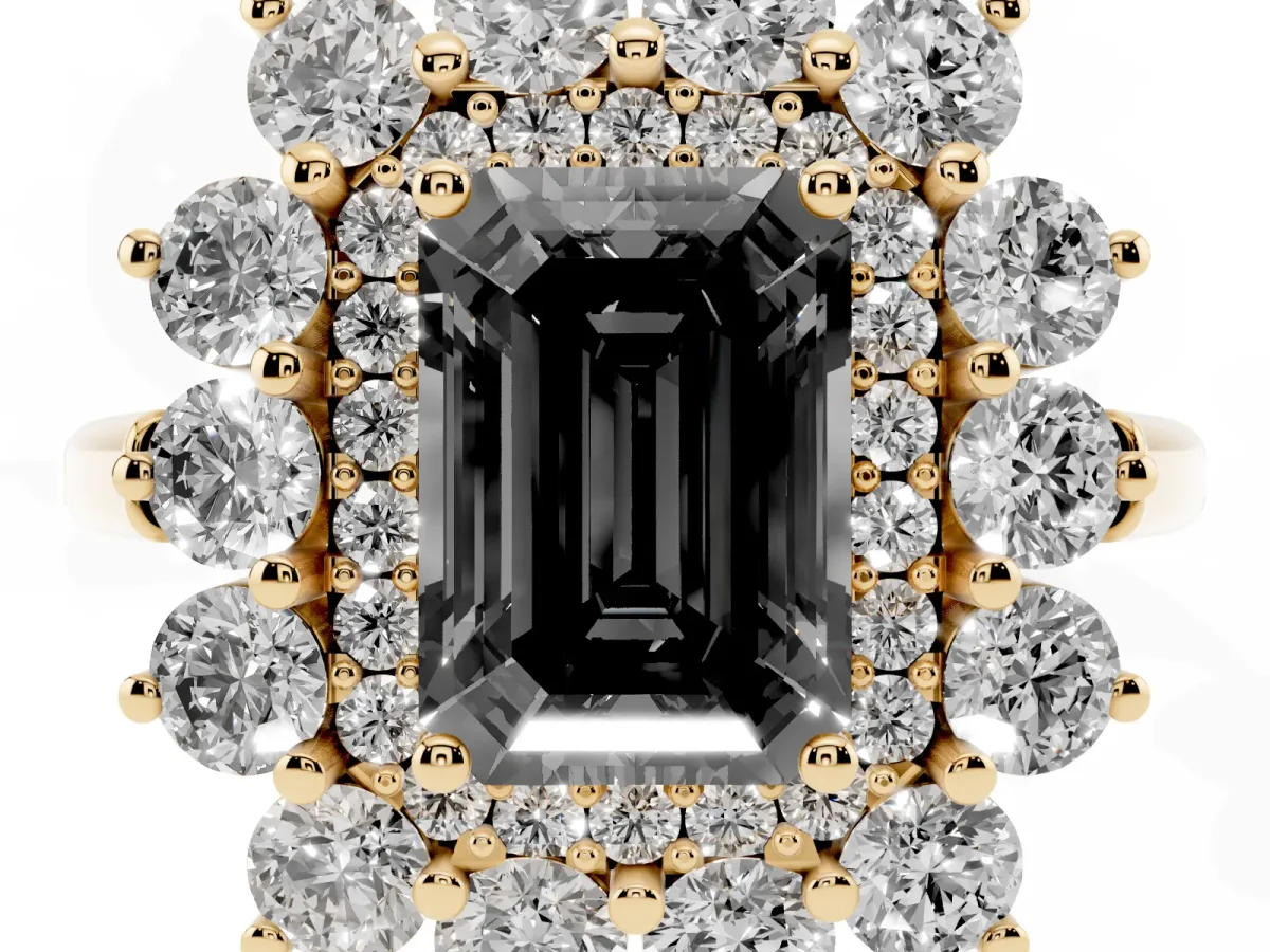 Fancy Black Emerald Cut Diamond Floral Double Halo Engagement Ring with Prong Setting Yellow gold