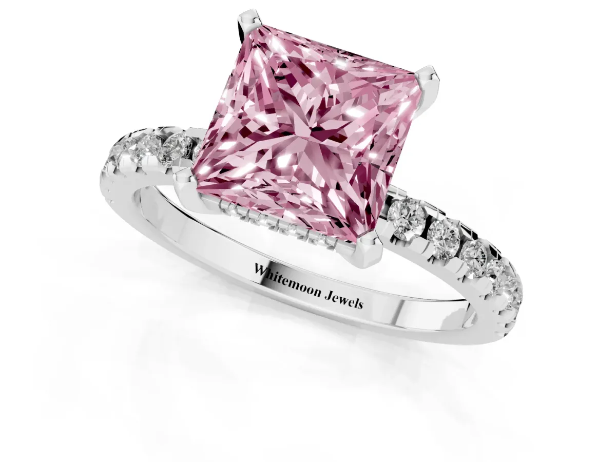 Fancy Pink Princess Cut Diamond Solitaire Ring with Round Pavé Band and Four-Prong Setting Silver