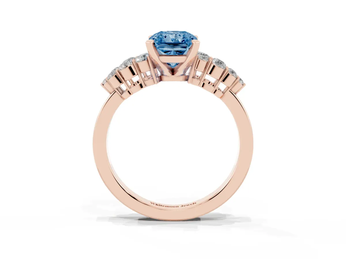 Fancy Blue Radiant Cut Cluster Diamond Engagement Ring with Pavé Band and Four-Prong Setting Rose gold