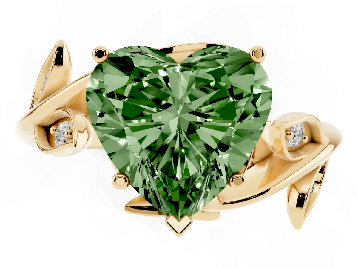 Fancy Green Heart Cut Solitaire Twist Engagement Ring with Leaf Accents and Prong Setting Yellow gold