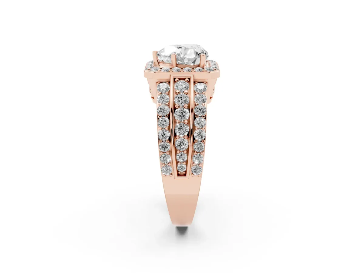 Heart Cut Halo Diamond Ring with Round Split Shank and Prong Setting Rose gold