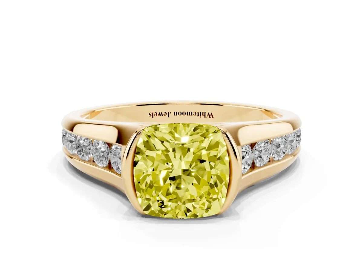 Fancy Yellow Cushion Cut Solitaire Bezel-Set Diamond Ring with Channel-Set Band Yellow gold
