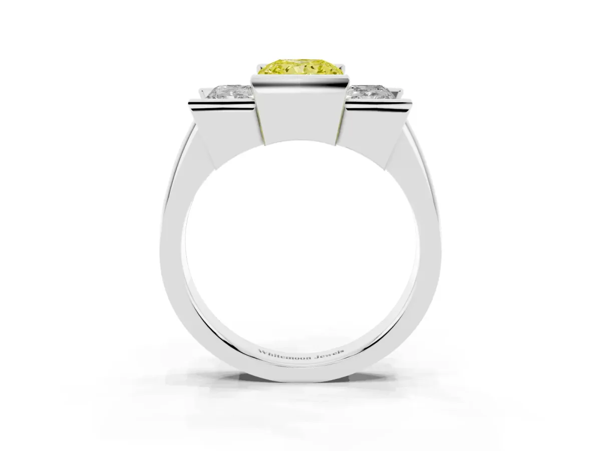 Fancy Yellow Three Stone Radiant Cut Cut Channel Set Diamond Ring Silver