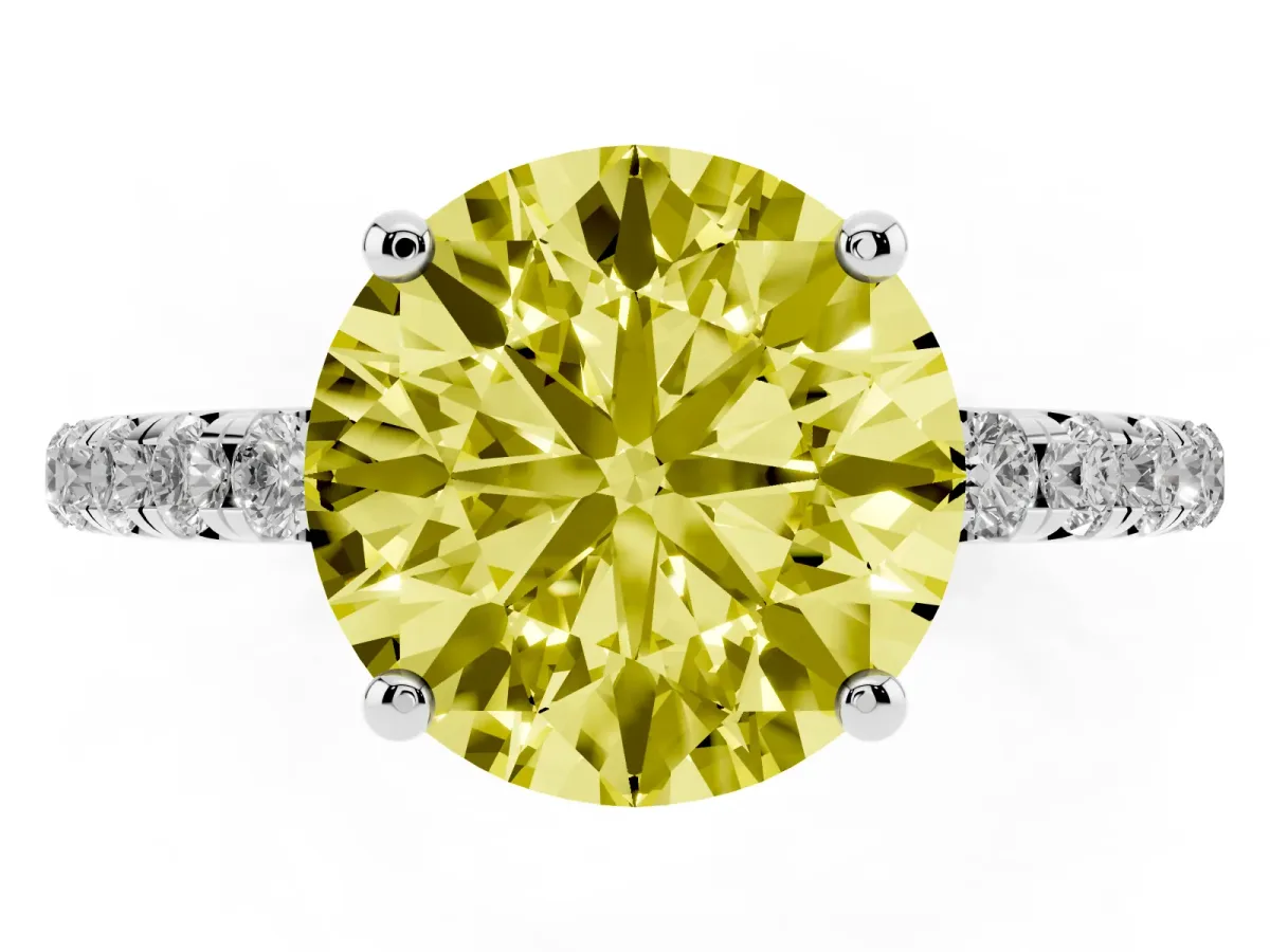 Fancy Yellow Round Cut Cut Diamond Solitaire Ring with Micro Pave Band and Four Prong Setting Platinum