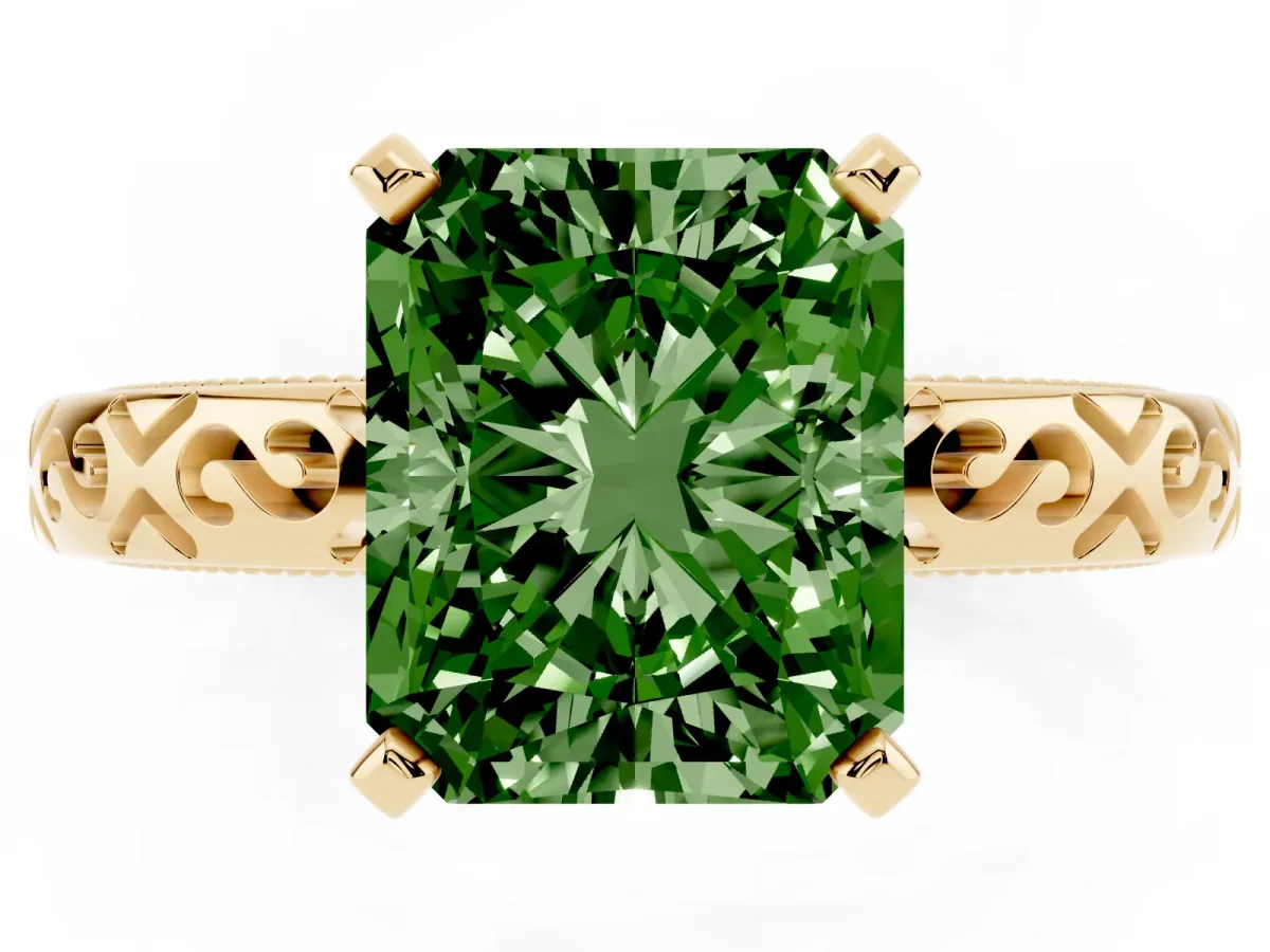 Fancy Green Radiant Cut Solitaire Engagement Ring with Scrollwork Band and Four-Prong Setting Yellow gold