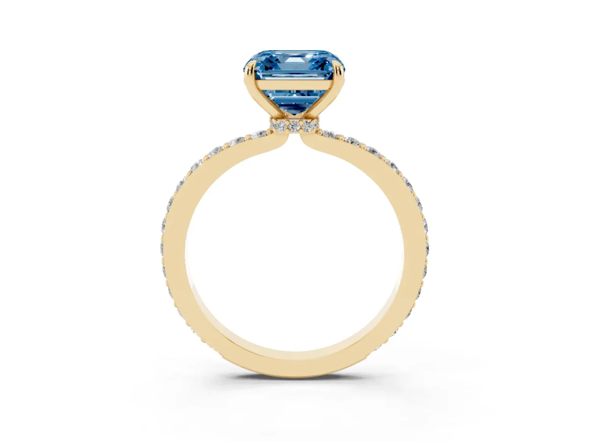 Fancy Blue Asscher Cut Diamond Solitaire Engagement Ring with Pavé Band and Four-Prong Setting Yellow gold