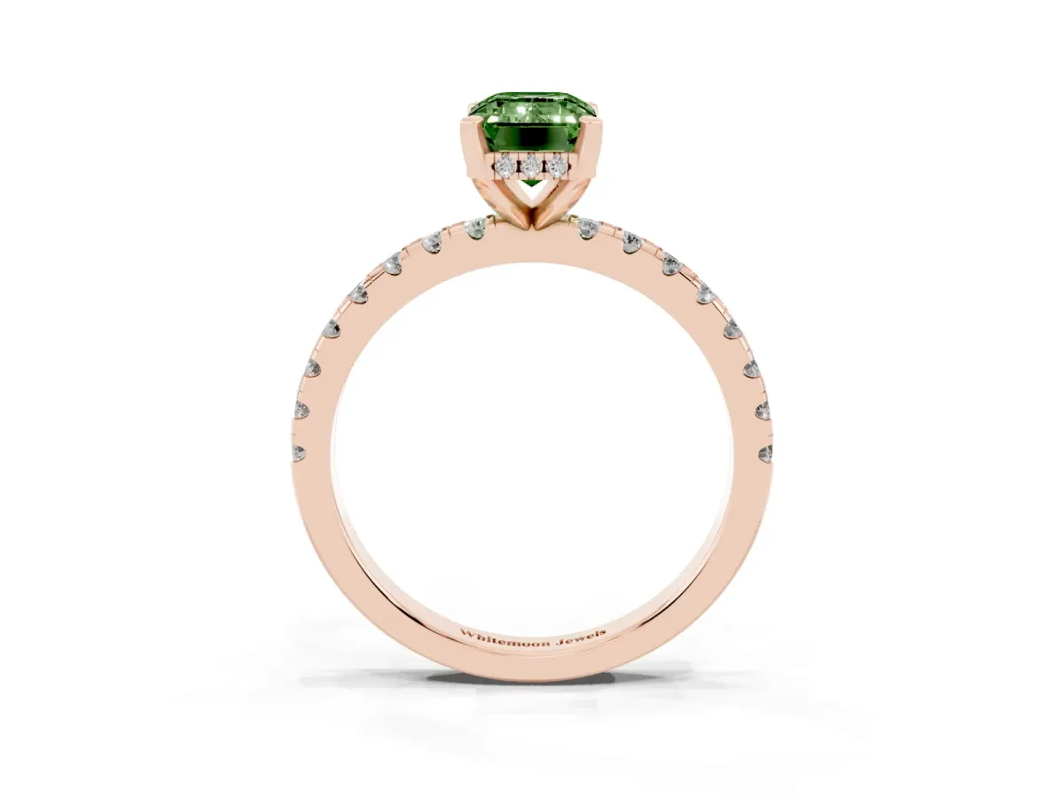 Fancy Green Emerald Cut Diamond Solitaire Ring with Round Pavé Band and Four-Prong Setting Rose gold