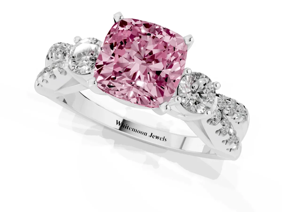 Fancy Pink Cushion Cut Diamond Three-Stone Ring with Pavé Split Shank and Four-Prong Setting Silver