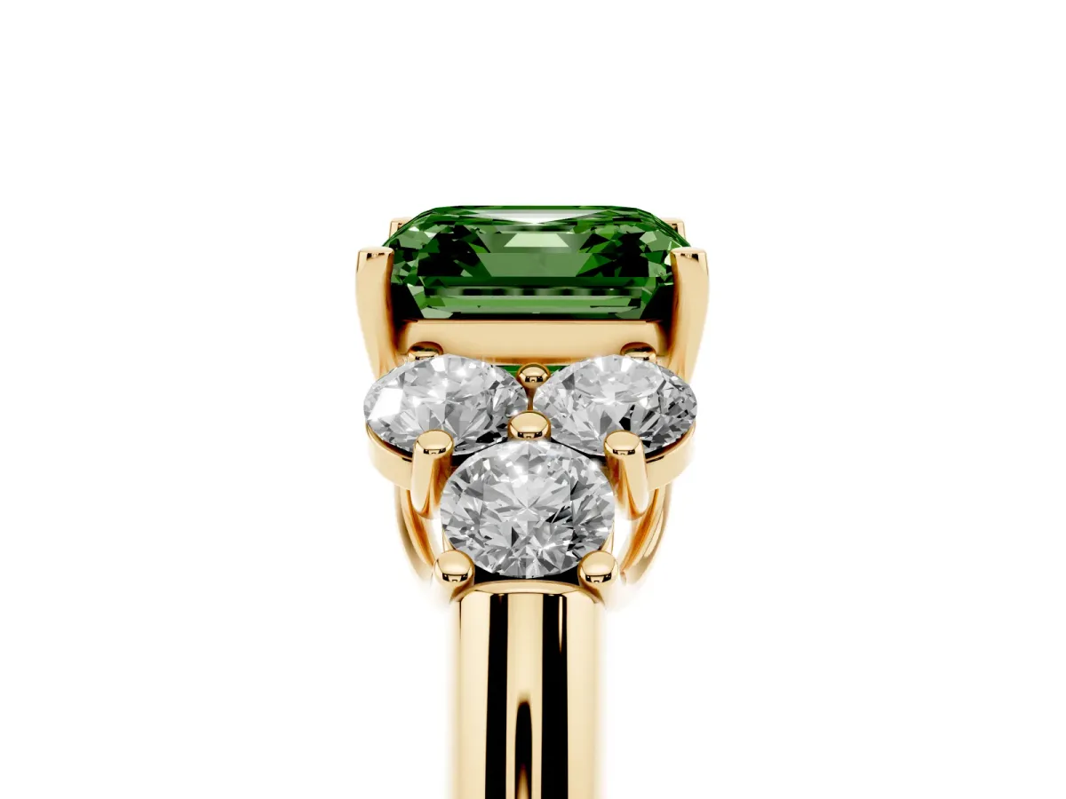 Fancy Green Asscher Cut Cut Diamond Cluster Ring with Round Accent Stones and Prong Setting on a Classic Band Yellow gold
