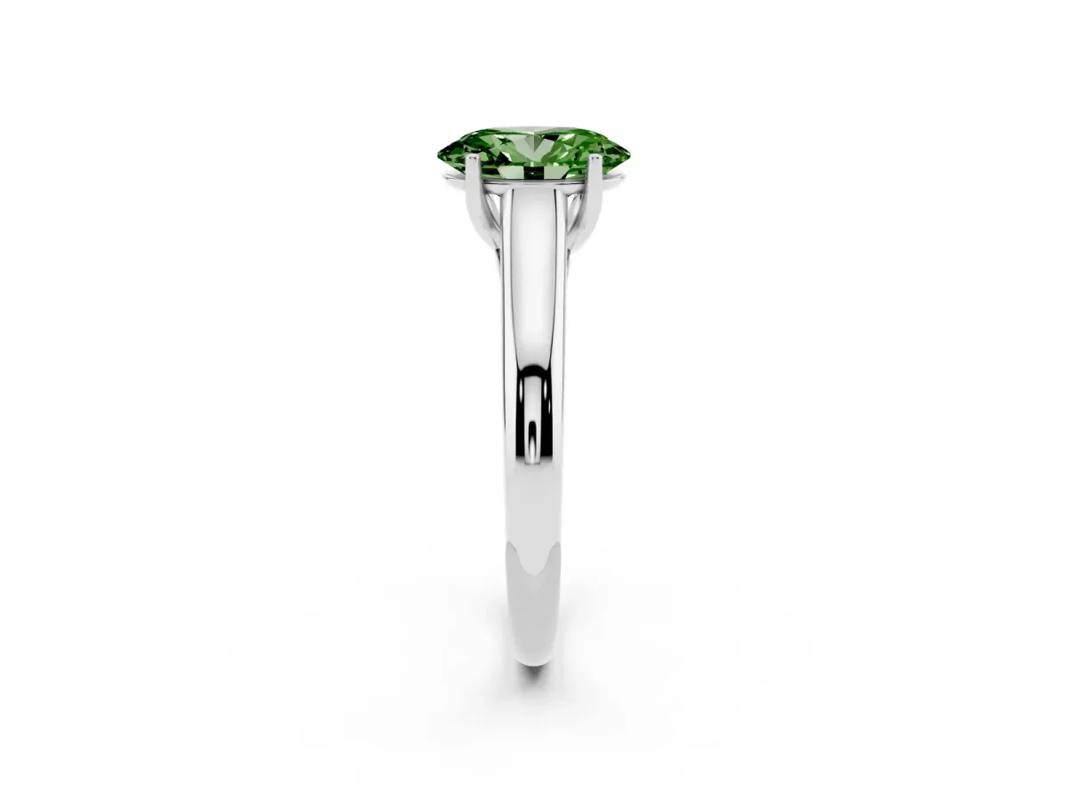 Fancy Green Oval Cut Solitaire Engagement Ring with Tapered Band and Four-Prong Setting Silver