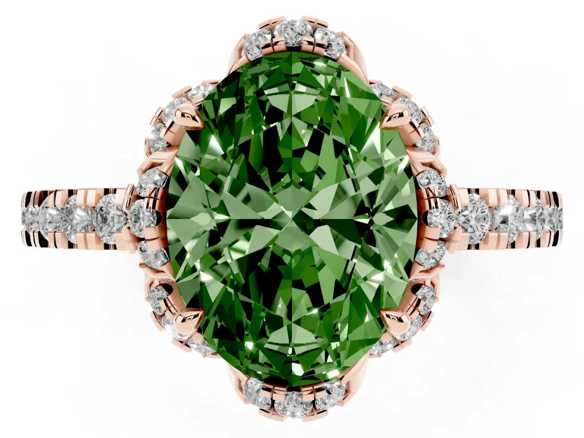 Fancy Green Oval Cut Diamond Halo Pave Band with Four-Prong Setting Rose gold
