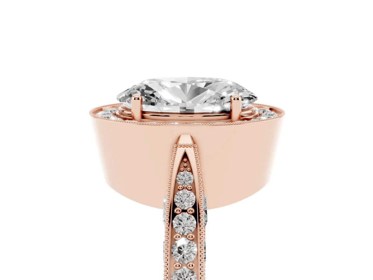 Oval Cut Halo Diamond Engagement Ring with Split Shank Band and Four-Prong Setting Rose gold