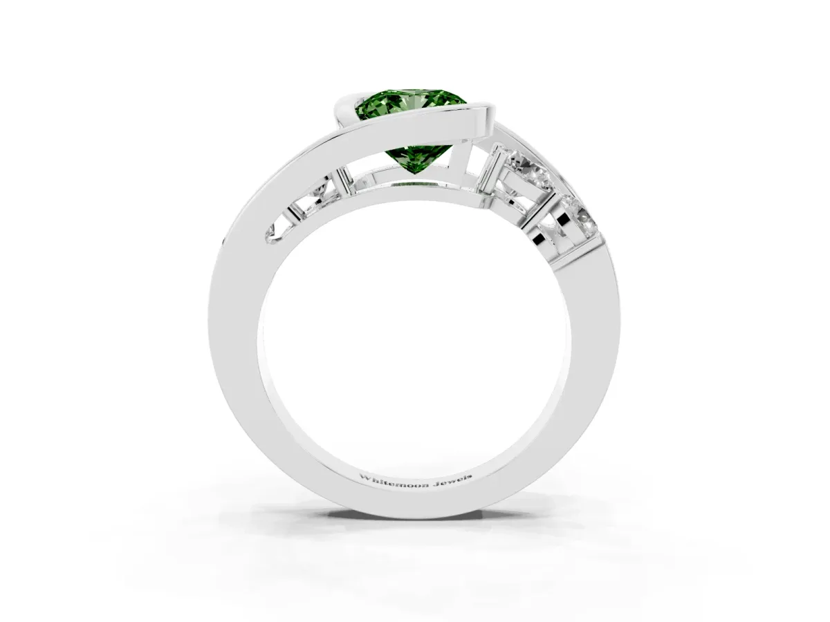 Fancy Green Bezel Set Cushion Cut Diamond Bypass Ring with Round Accents Platinum