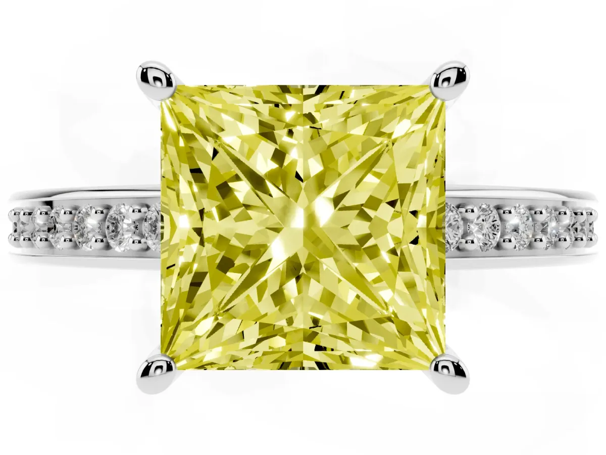 Fancy Yellow Princess Cut Solitaire Pavé Band Prong Setting Ring Silver