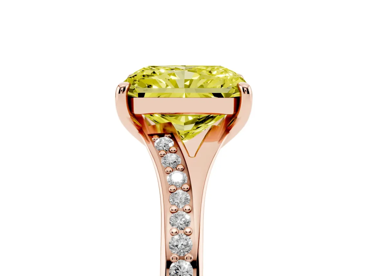 Fancy Yellow Radiant Cut Diamond Solitaire Ring with Pavé Band and Prong Setting Rose gold