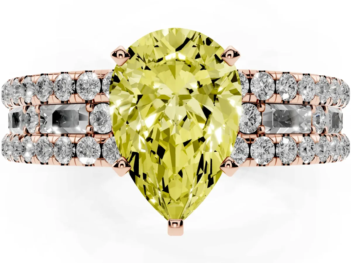 Fancy Yellow Pear Cut Diamond Solitaire Ring with Pavé and Channel Set Band Rose gold