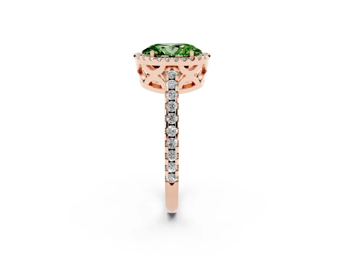Fancy Green Oval Cut Diamond Halo Engagement Ring with Pavé Band and Prong Setting Rose gold