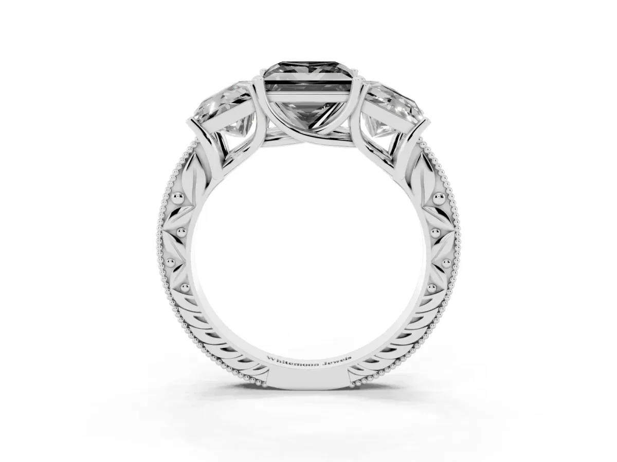 Fancy Black Three-Stone Princess Cut Cut Milgrain Pavé Engagement Ring Platinum