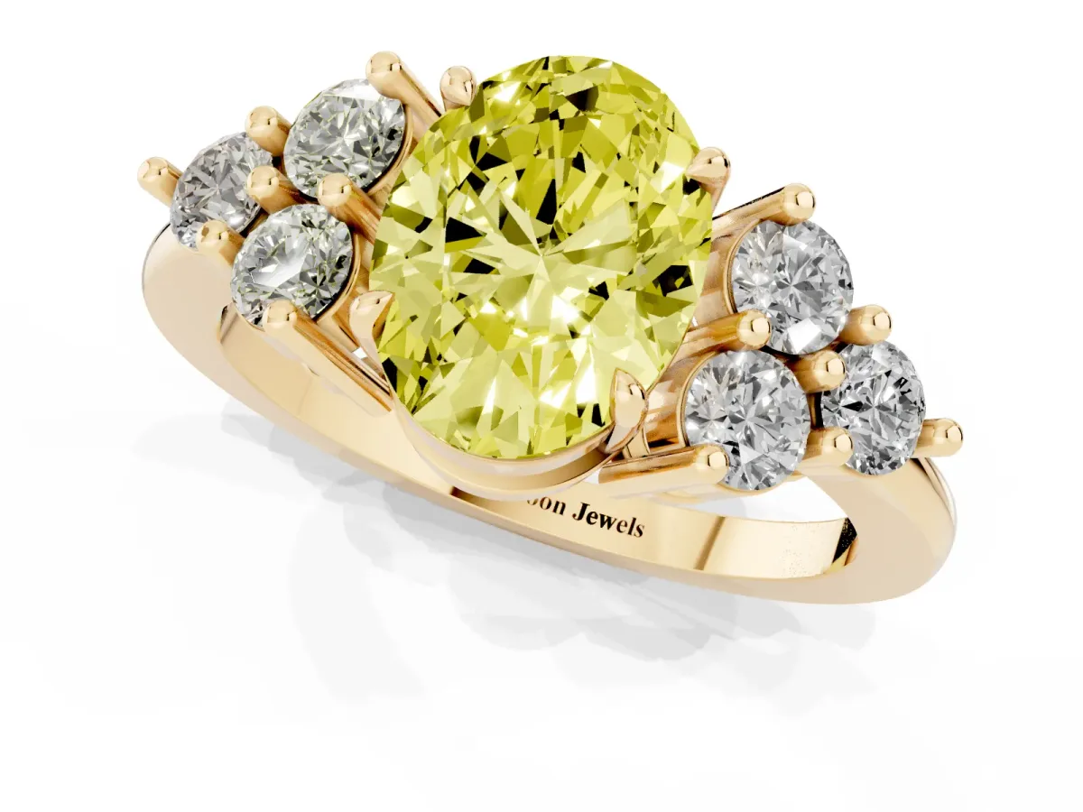 Fancy Yellow Oval Cut Brilliant Diamond Cluster Accent Solitaire Ring with Prong Setting Yellow gold