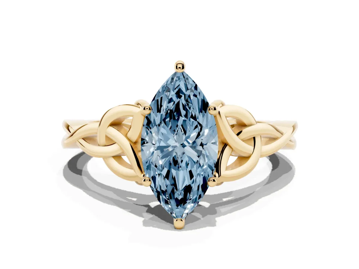 Fancy Blue Marquise Cut Diamond Solitaire Engagement Ring with Celtic Knot Band and Four-Prong Setting Yellow gold