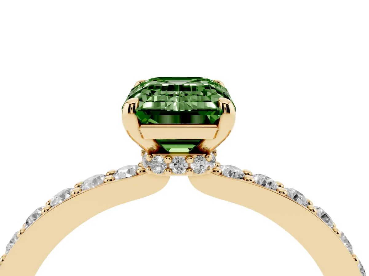 Fancy Green Emerald Cut Diamond Pavé Engagement Ring with Round Accents and Prong Setting Yellow gold