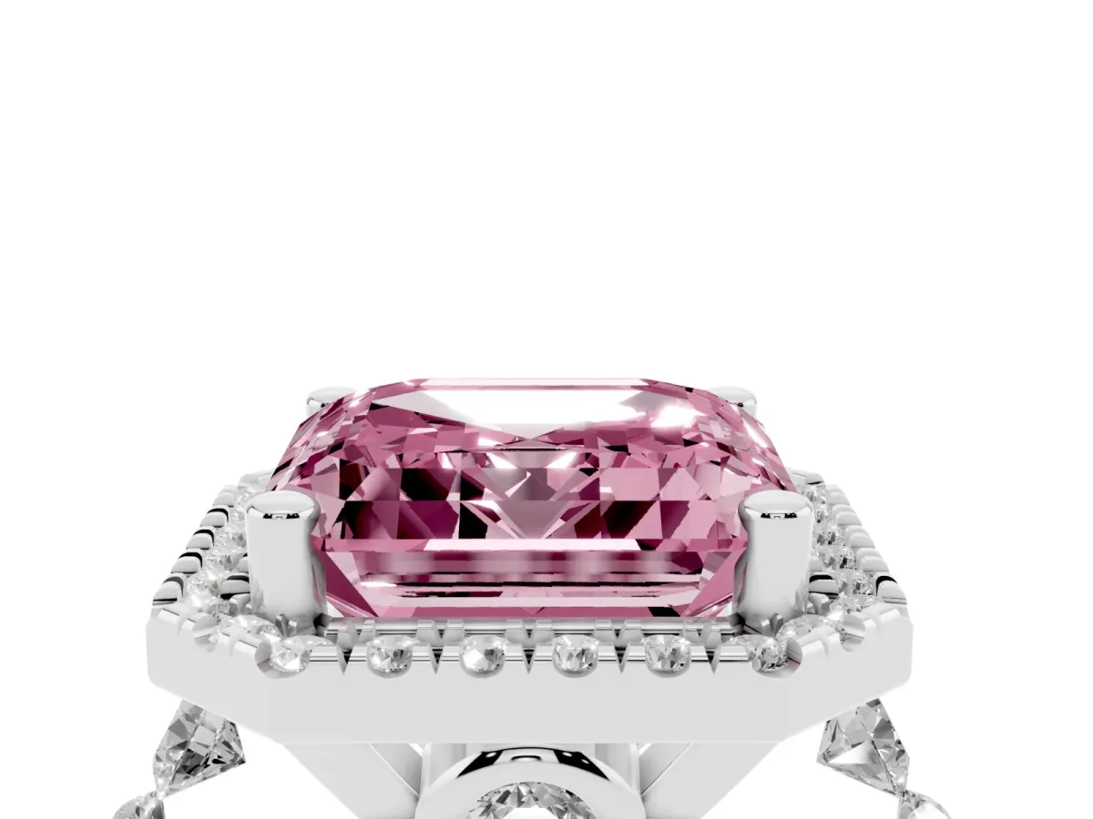 Fancy Pink Asscher Cut Halo Pavé Diamond Engagement Ring with Four-Prong Setting Platinum