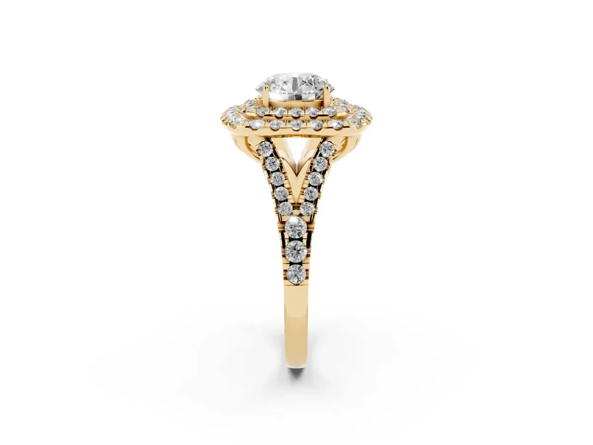 Double Halo Round Cut Diamond Pavé Split Shank Ring with Prong Setting Yellow gold