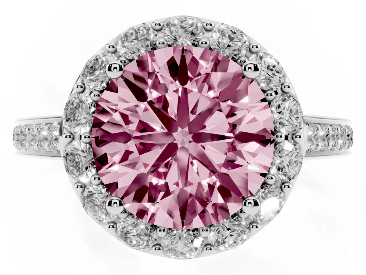 Fancy Pink Round Cut Diamond Floral Halo Ring with Pavé Band and Prong Setting White gold