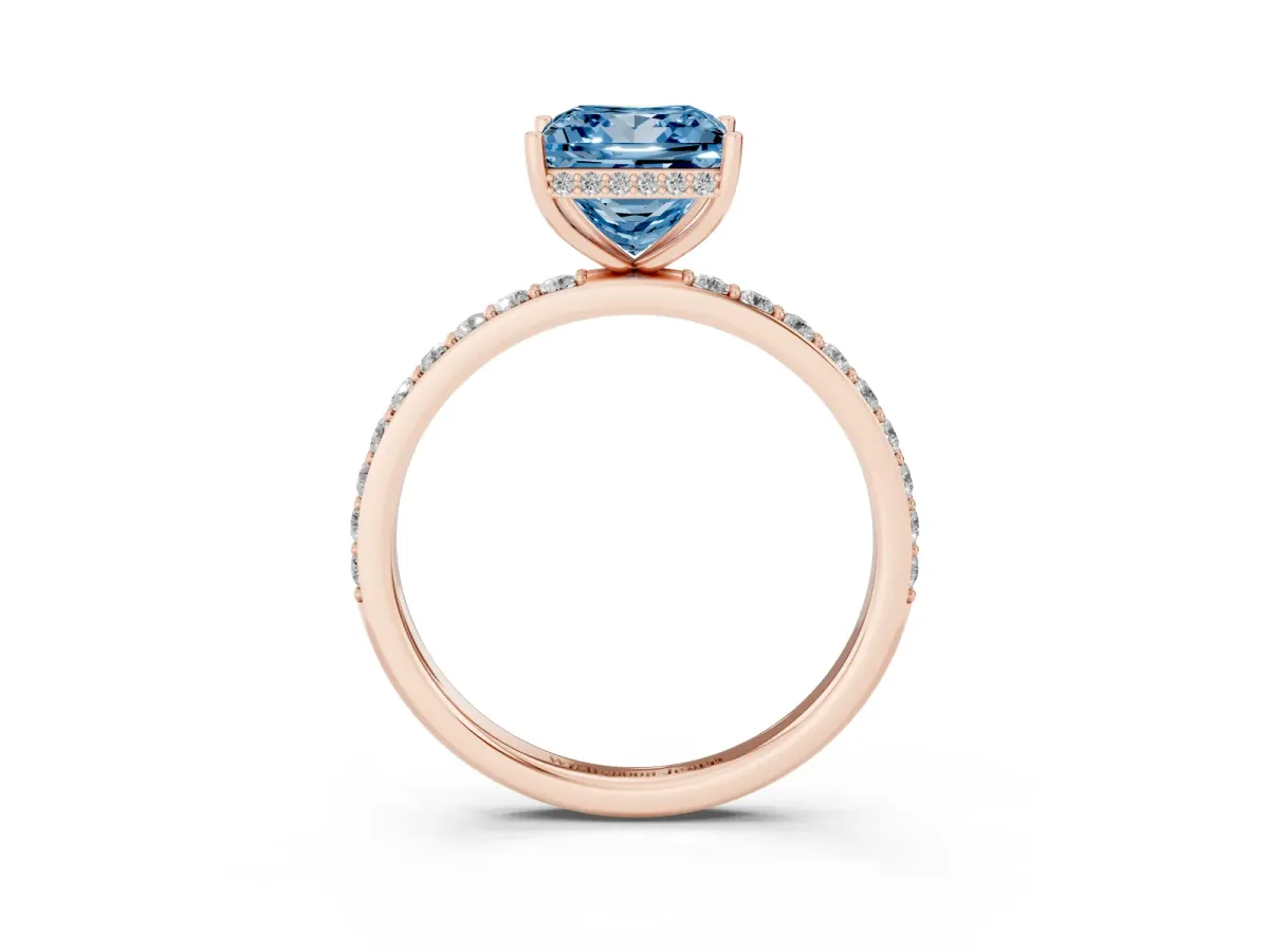 Fancy Blue Princess Cut Diamond Solitaire Ring with Pavé Band and Hidden Halo Rose gold