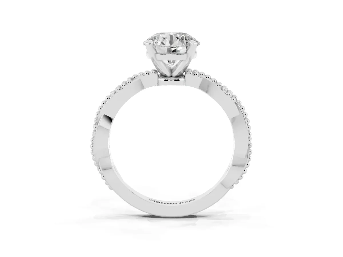 Round Cut Solitaire Twisted Band with Bead Prong Setting White gold