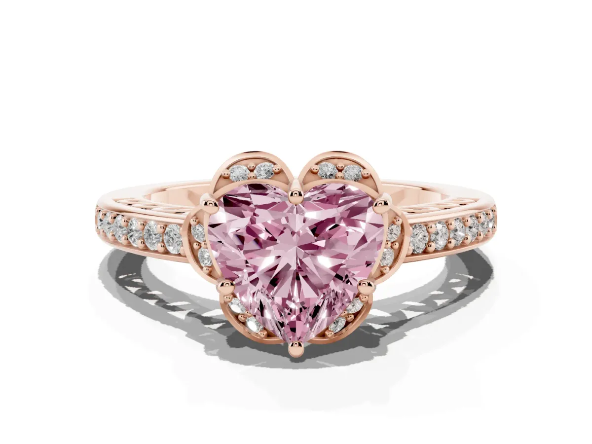 Fancy Pink Heart Cut Cut Halo Diamond Ring with Channel Set Band and Four-Prong Setting Rose gold